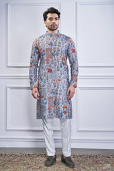 Grey Cotton Animal Motif Printed Kurta Pajama